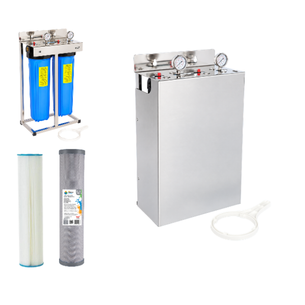 Big Blue/High Flow Twin 20″x 4.5” Whole House Water Filter with stand and weatherproof Cover